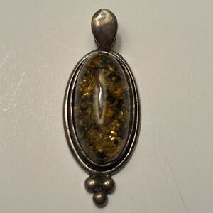 Vintage Green Baltic Amber Oval Framed 925 Marked Silver Pendant